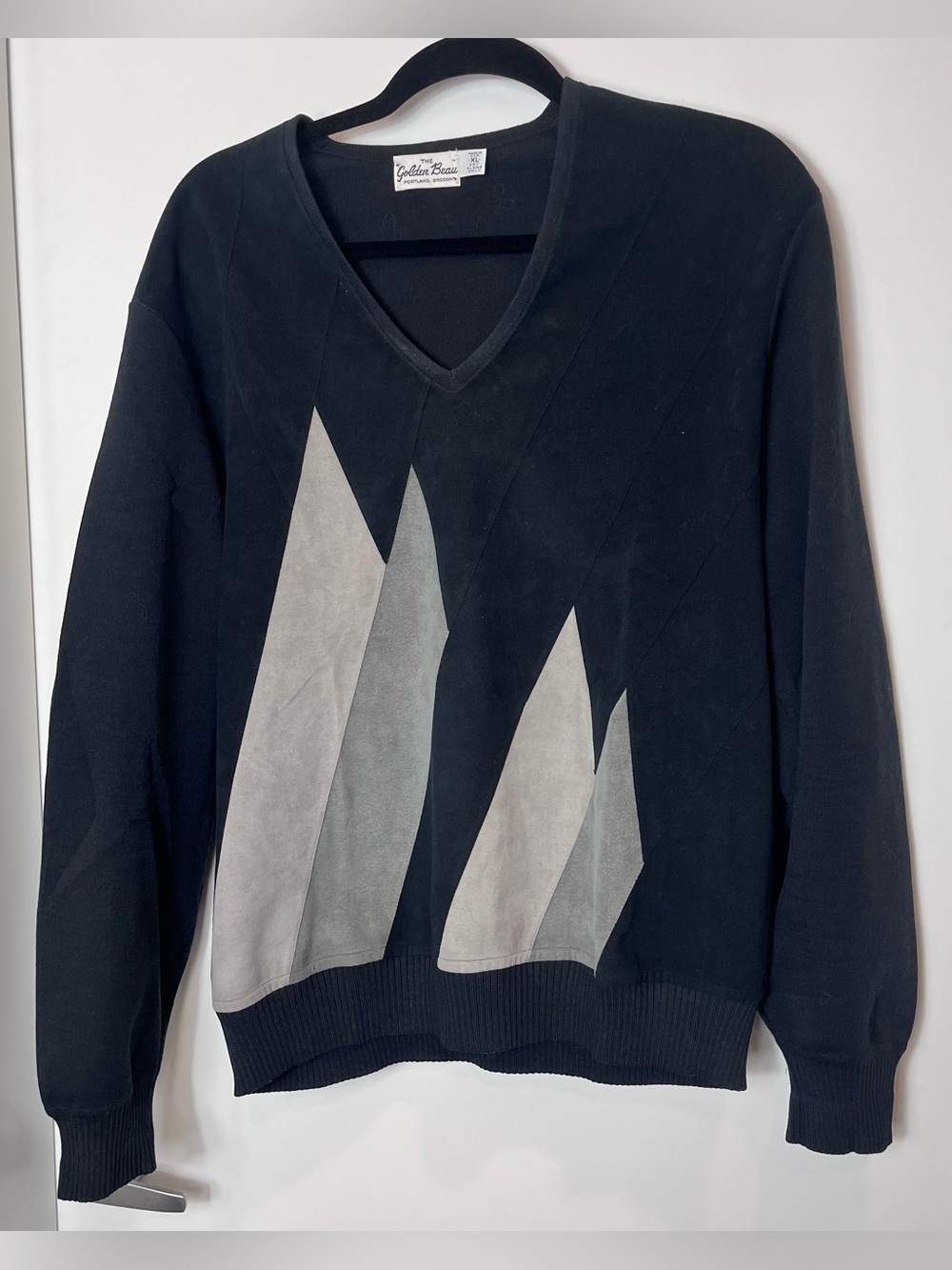 Vintage Golden Beau Wool Black Grey Geometric Patchwork V-Neck Sweater XL